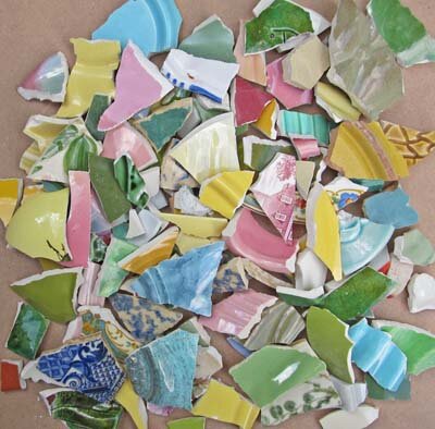 Multi-colored broken china mosaic shards